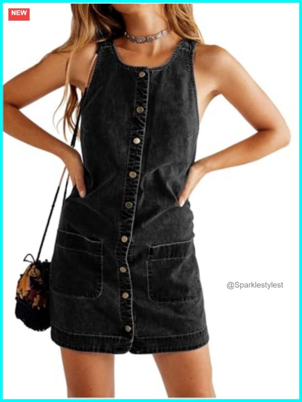 Yousify Denim Overall Dress Square Neck Button Down Sleeveless Mini Casual